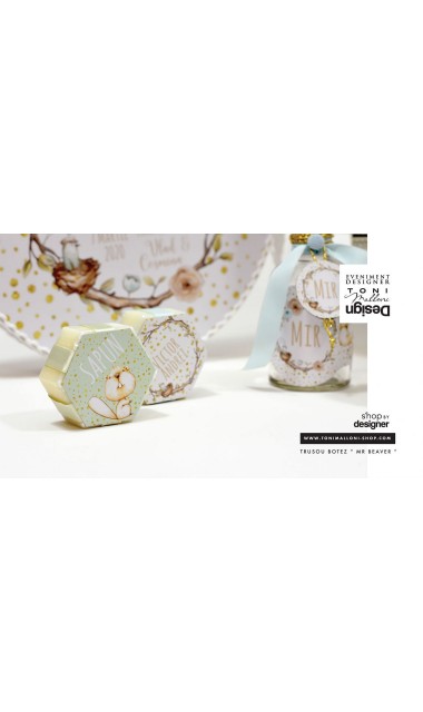 Trusou de botez cu castori, buline gold si ramuri de brad personalizat pentru baieti 24